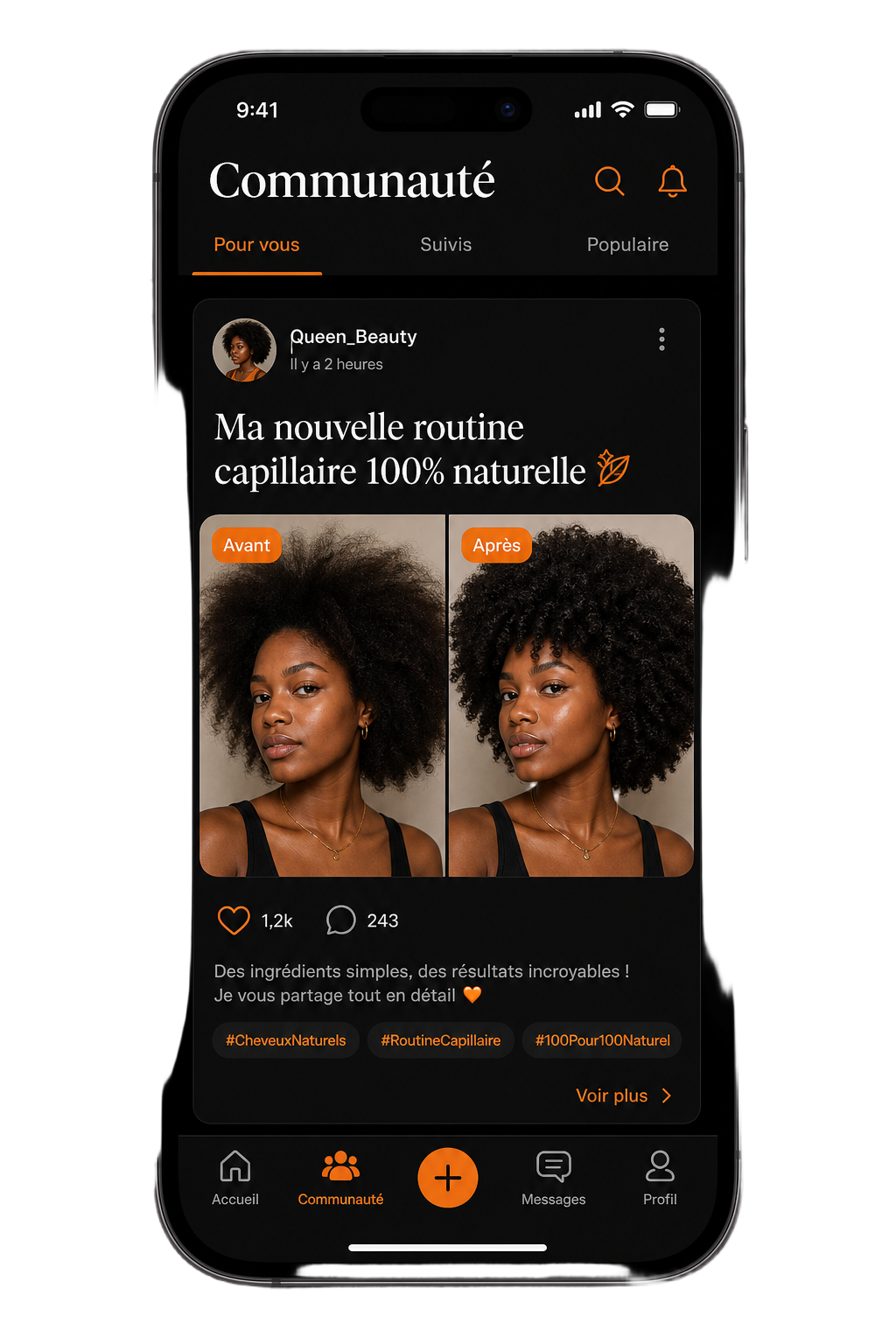 Application mobile N-hairAI affichant un live de la Communauté N-HairLove